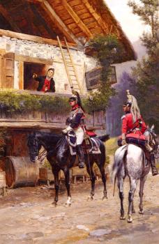 Edouard Detaille : Mounted First-Empire Dragoons In Front Of A Country House